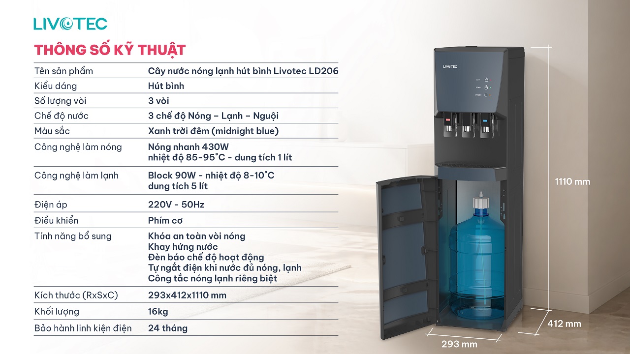 Thông số kỹ thuật cây nước nóng lạnh Livotec LD206