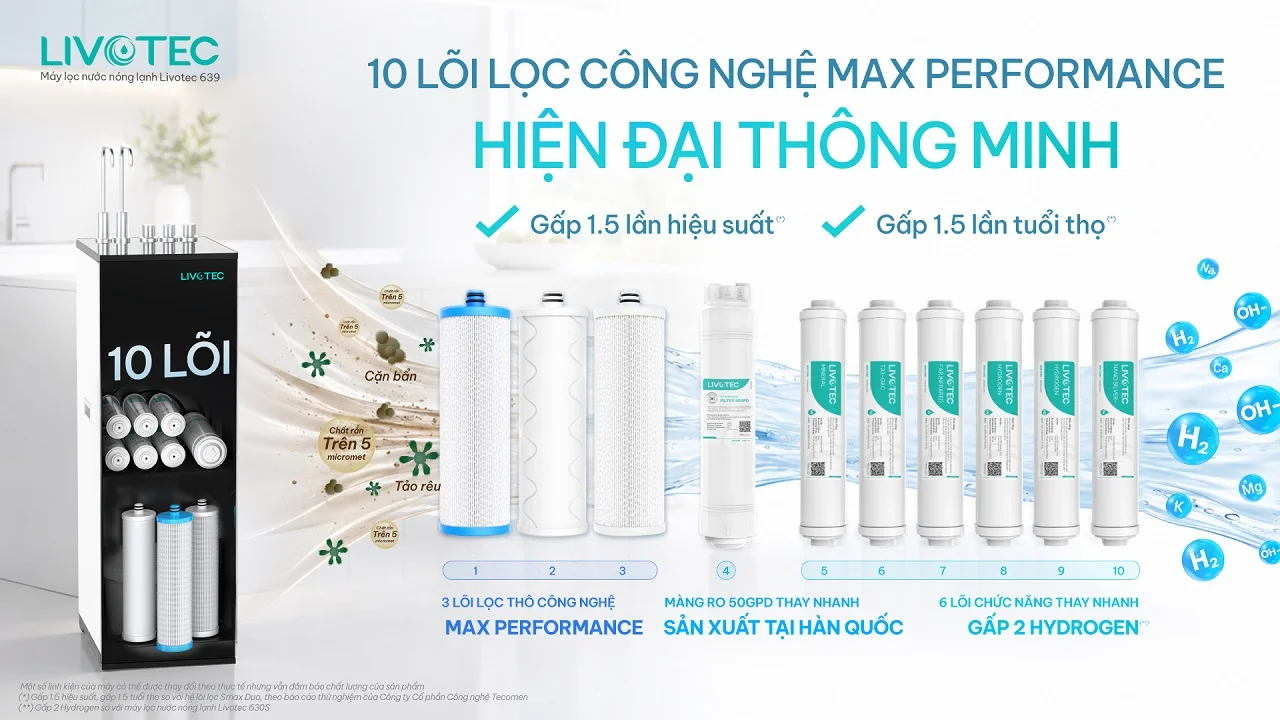Máy lọc nước nóng lạnh Livotec 639 trang bị 10 lõi lọc Max Performance