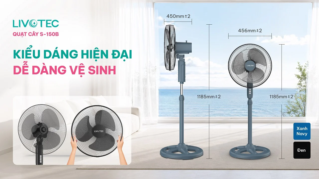 Thiết kế hiện đại của quạt cây Livotec S-150B dễ vệ sinh