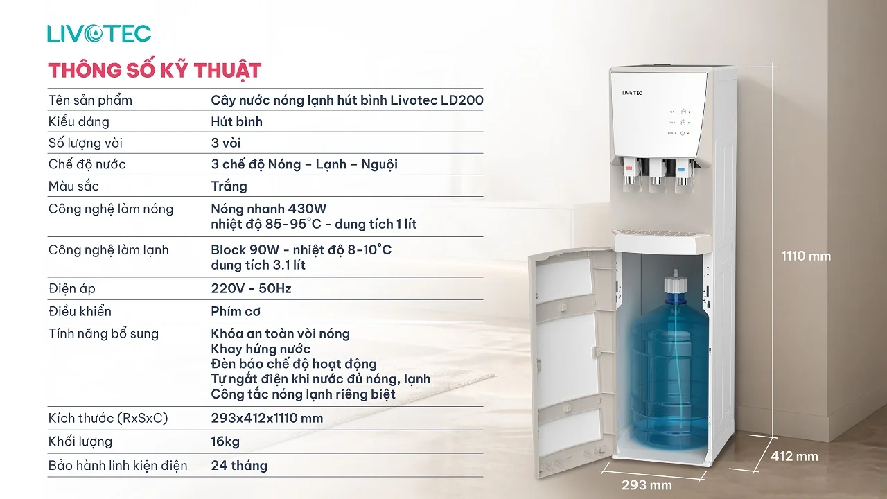 Thông số kỹ thuật cây nước nóng lạnh Livotec LD200