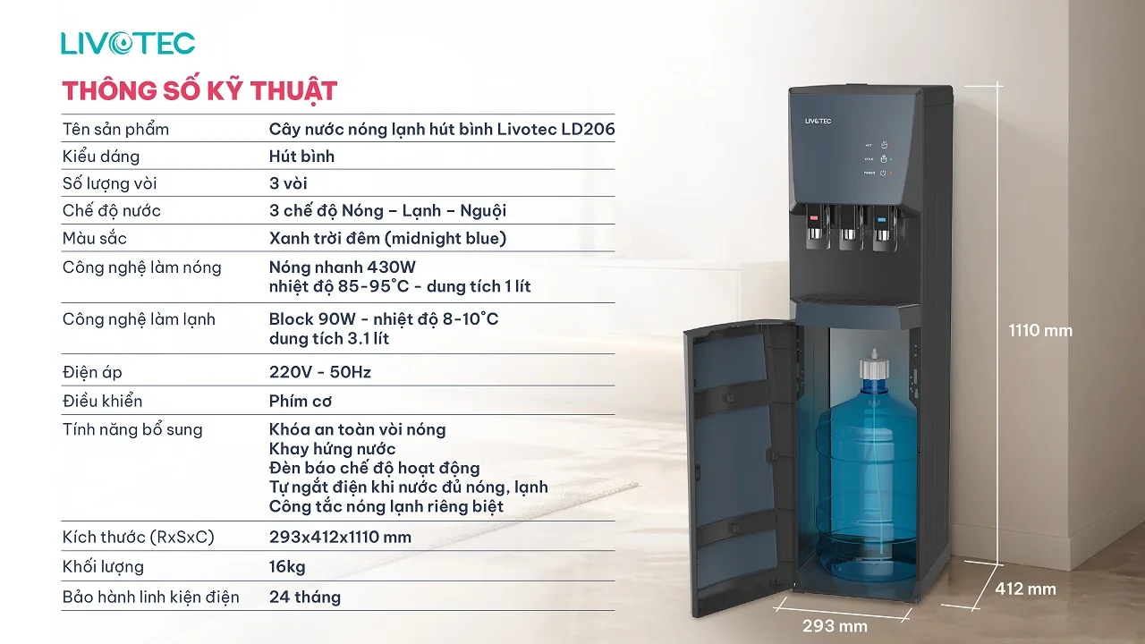 Thông số kỹ thuật cây nước nóng lạnh Livotec LD206