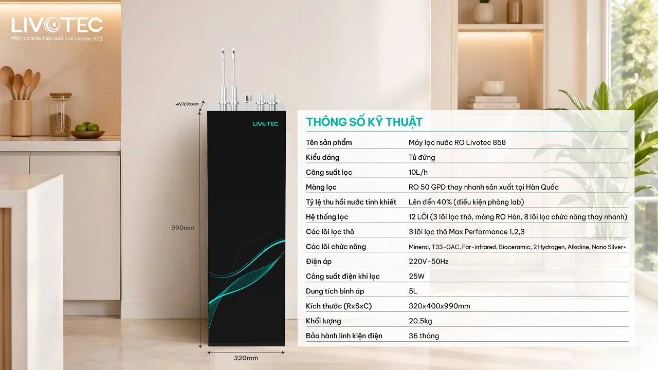 Thông số kỹ thuật máy lọc nước RO Livotec 858
