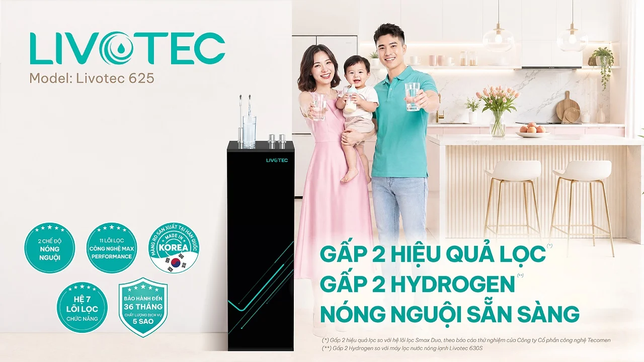 Máy lọc nước nóng nguội Livotec 625 gấp 2 hiệu quả lọc và gấp 2 Hydrogen