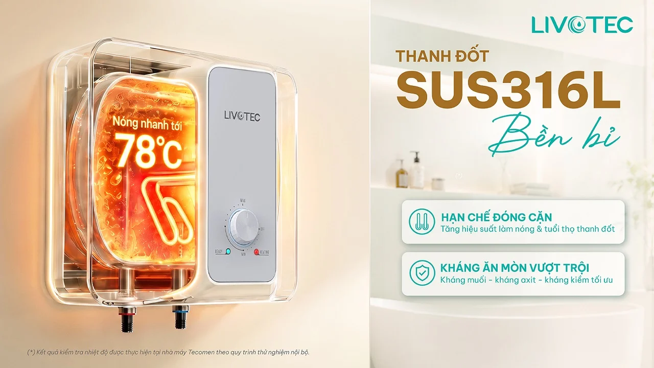 Livotec LWH-V20B26 gia nhiệt nhanh đến 78°C với thanh đốt SUS316L