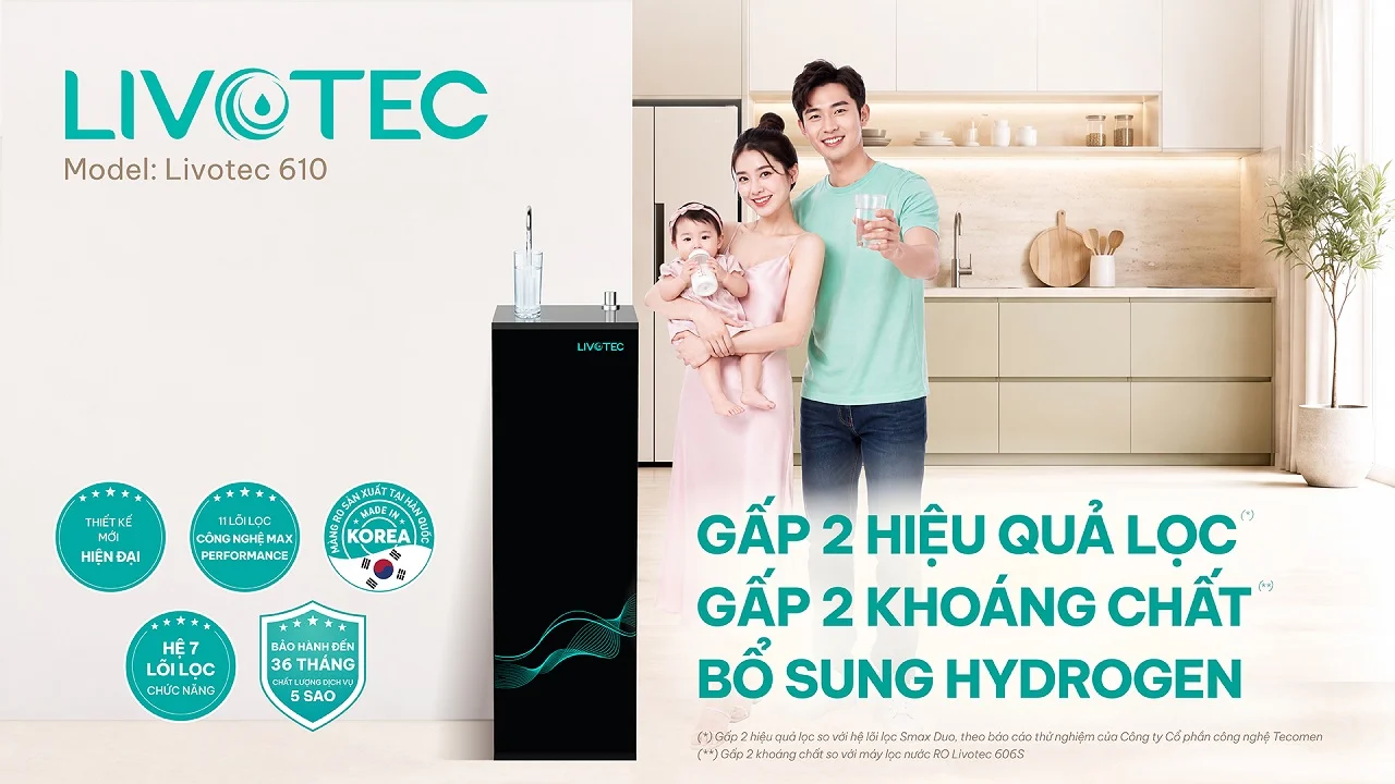 Máy lọc nước RO Livotec 610 gấp 2 hiệu quả lọc và bổ sung Hydrogen