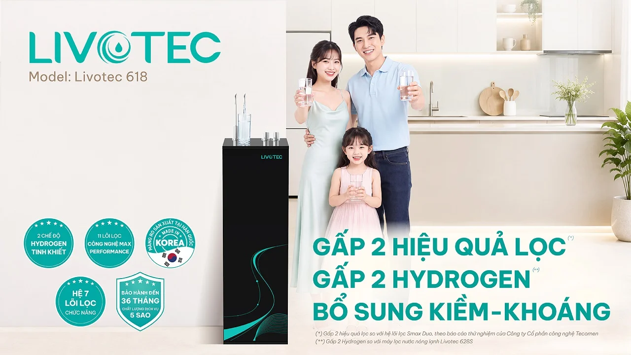 Máy lọc nước RO Livotec 618 gấp 2 hiệu quả lọc và bổ sung gấp 2 Hydrogen