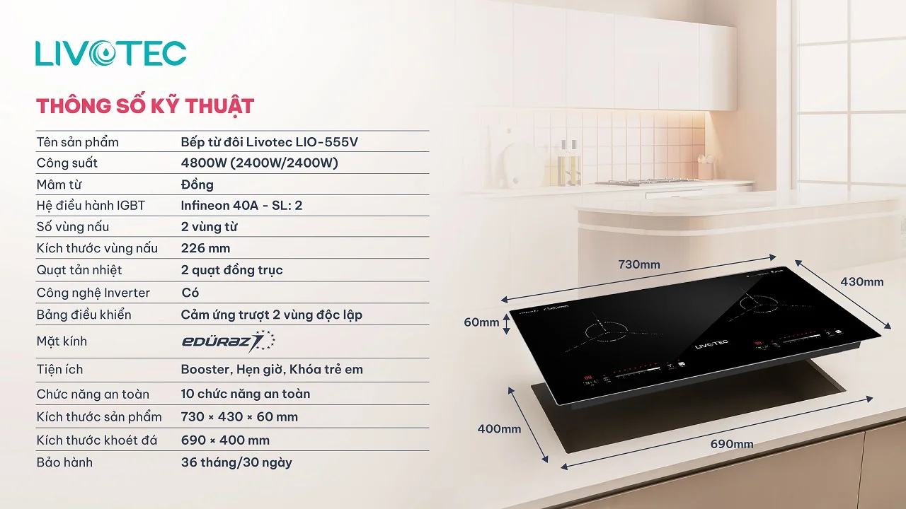 Thông số kỹ thuật bếp từ đôi Livotec LIO-555V
