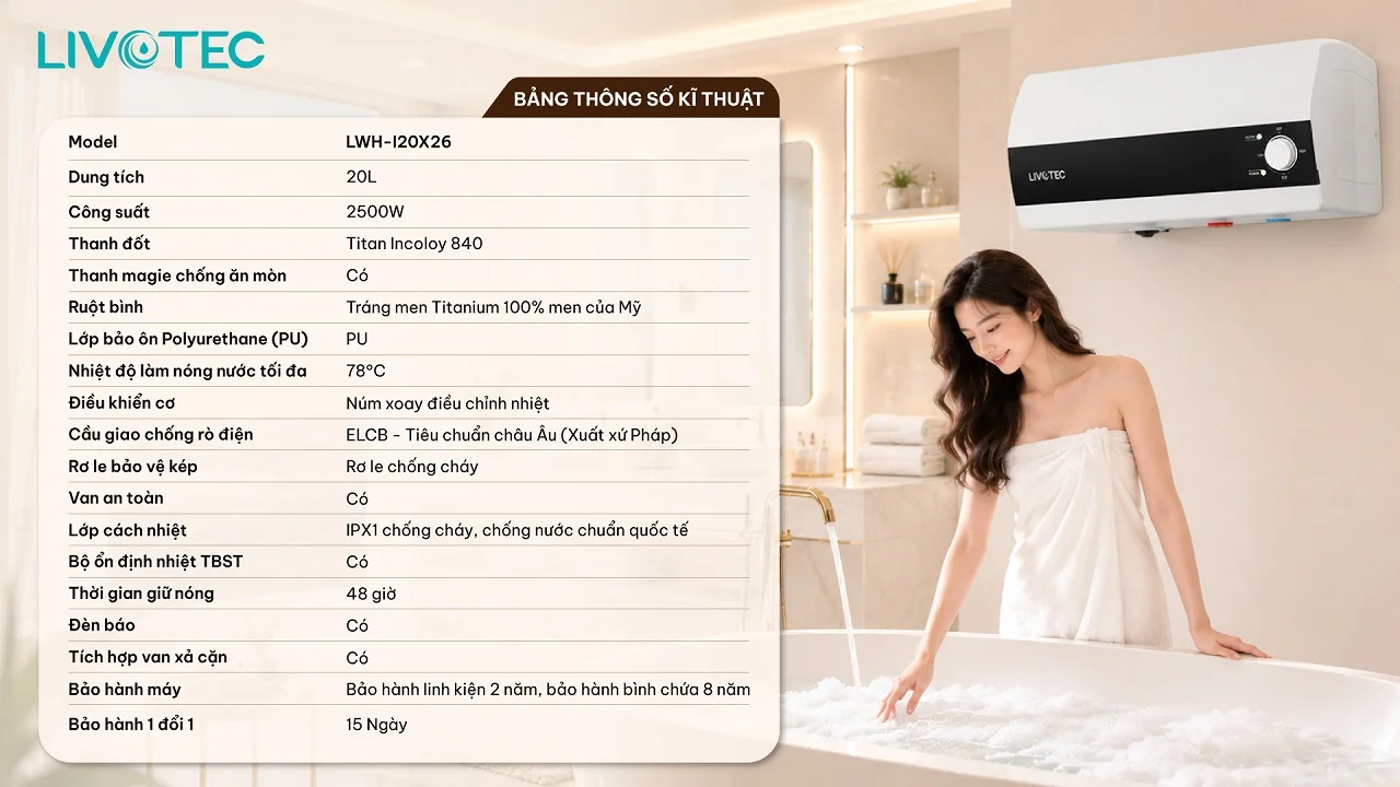 Thông số kỹ thuật bình nước nóng gián tiếp Livotec LWH-I20X26