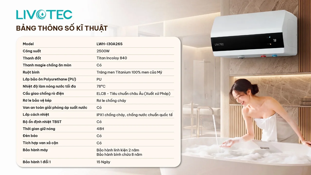Thông số kỹ thuật bình nước nóng gián tiếp Livotec LWH-I30A26S