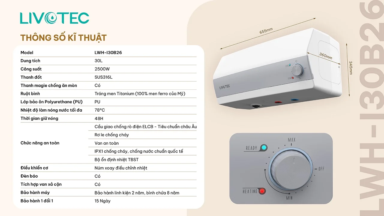 Thông số kỹ thuật bình nước nóng gián tiếp Livotec LWH-I30B26