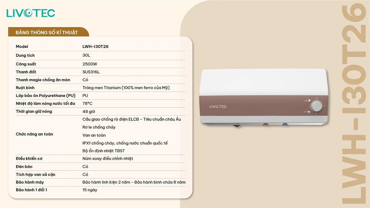 Thông số kỹ thuật bình nước nóng gián tiếp Livotec LWH-I30T26