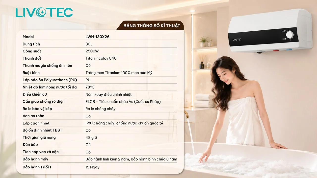 Thông số kỹ thuật bình nước nóng gián tiếp Livotec LWH-I30X26