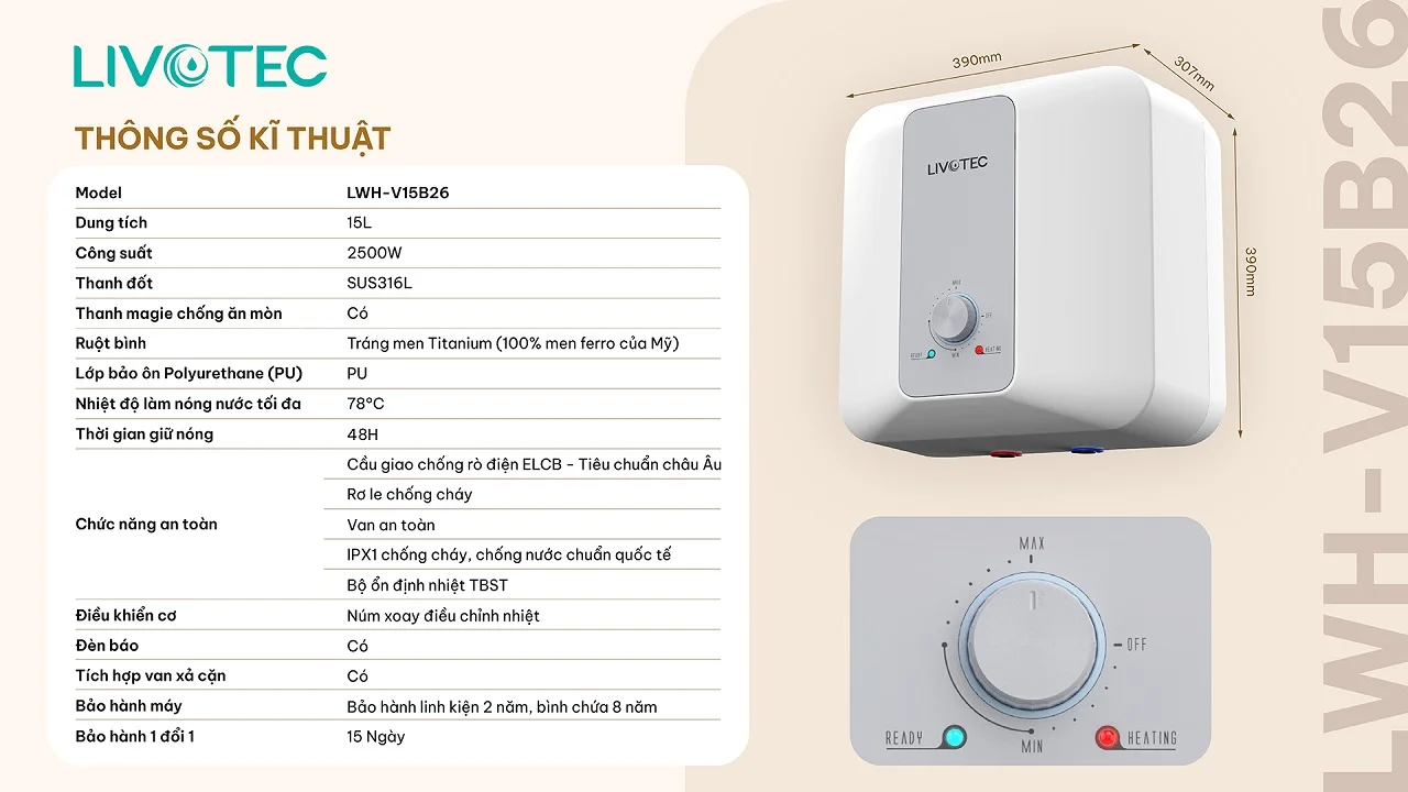 Thông số kỹ thuật bình nước nóng gián tiếp Livotec LWH-V15B26