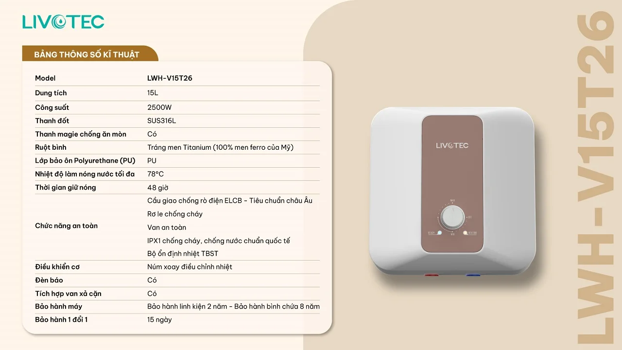 Thông số kỹ thuật bình nước nóng gián tiếp Livotec LWH-V20T26