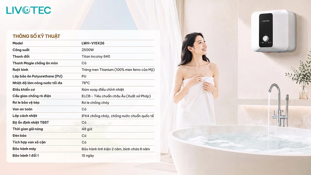Thông số kỹ thuật bình nước nóng gián tiếp Livotec LWH-V15X26