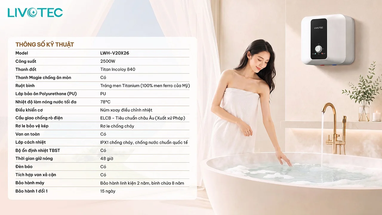 Thông số kỹ thuật bình nước nóng Livotec LWH-V20X26