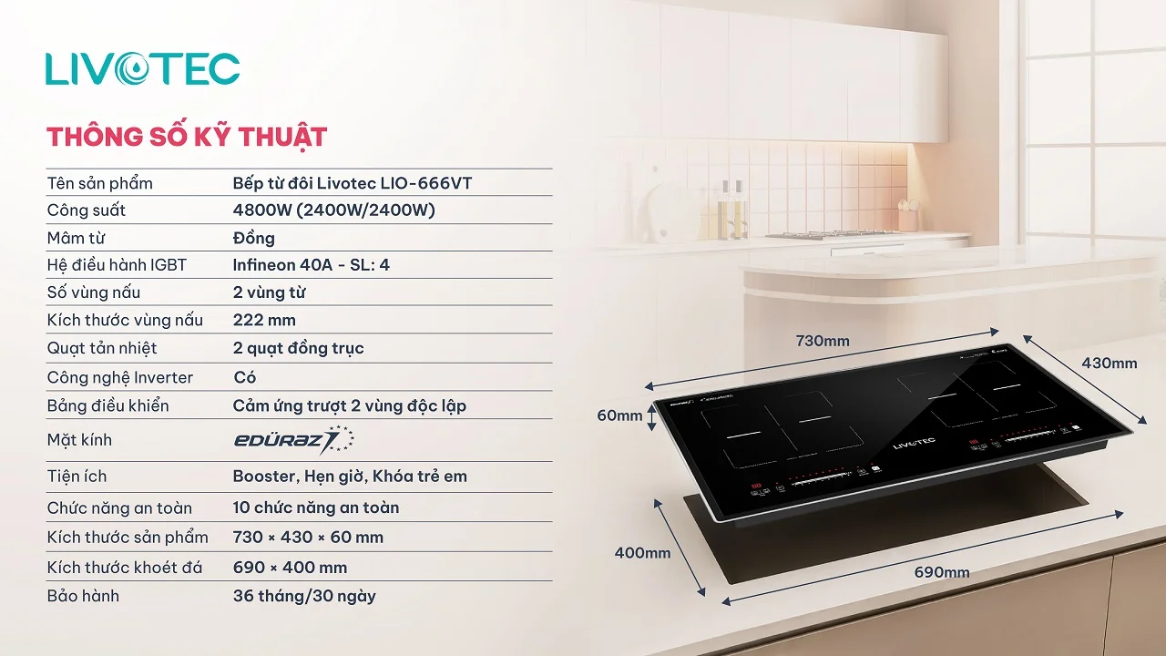 Thông số kỹ thuật bếp từ đôi Livotec LIO-666VT