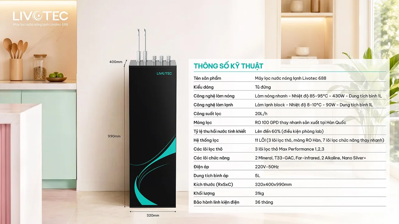 Thông số kỹ thuật máy lọc nước nóng lạnh hiệu suất cao Livotec 688