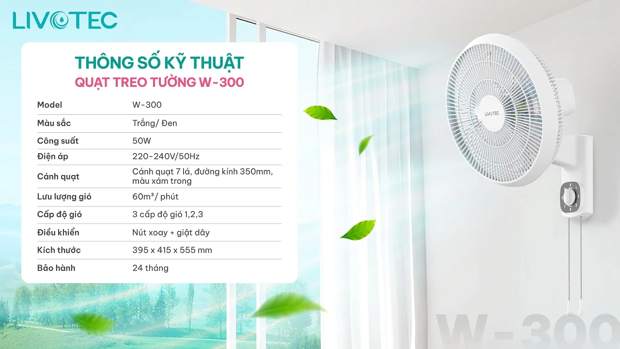 Thông số kỹ thuật quạt treo tường Livotec W-300