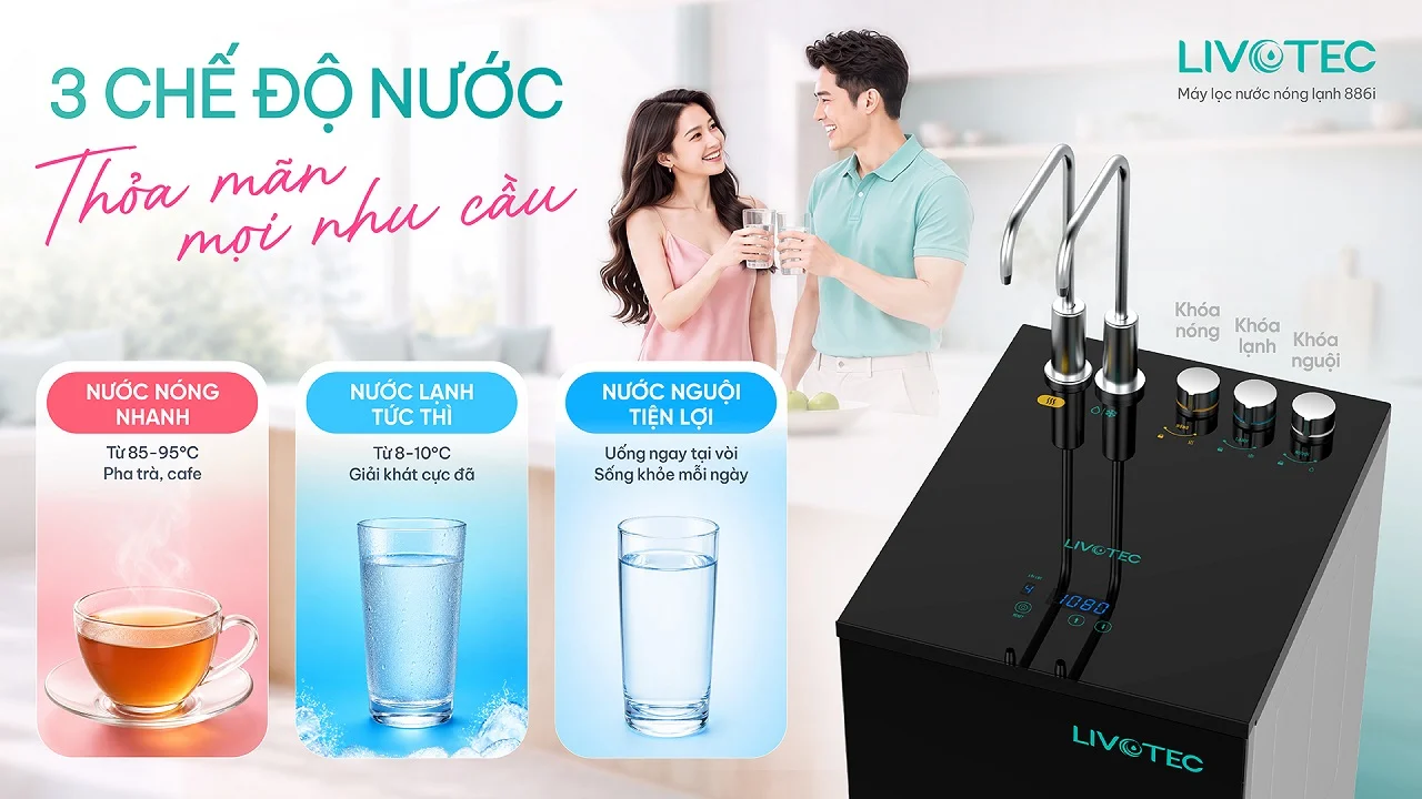 Livotec 886i cung cấp 3 chế độ nước nóng lạnh nguội tiện lợi