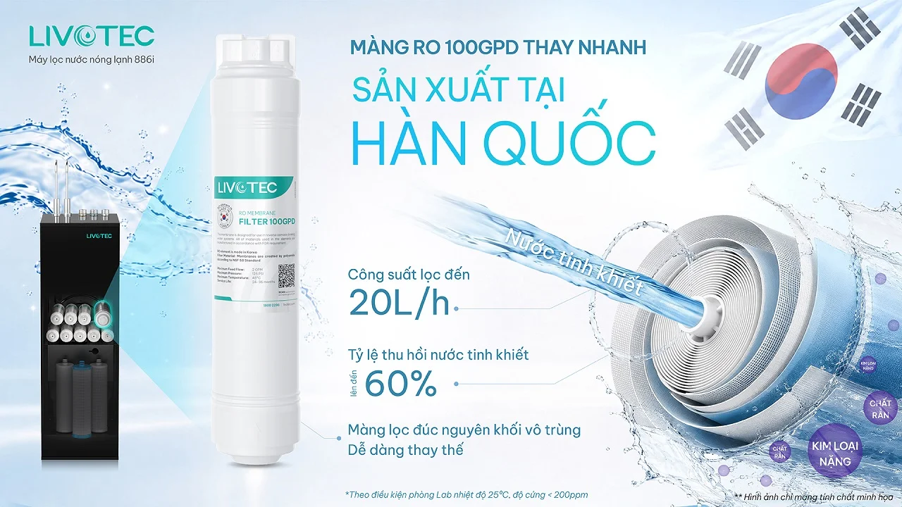 Livotec 886i màng RO 100 GPD Hàn Quốc công suất lọc 20 lít mỗi giờ