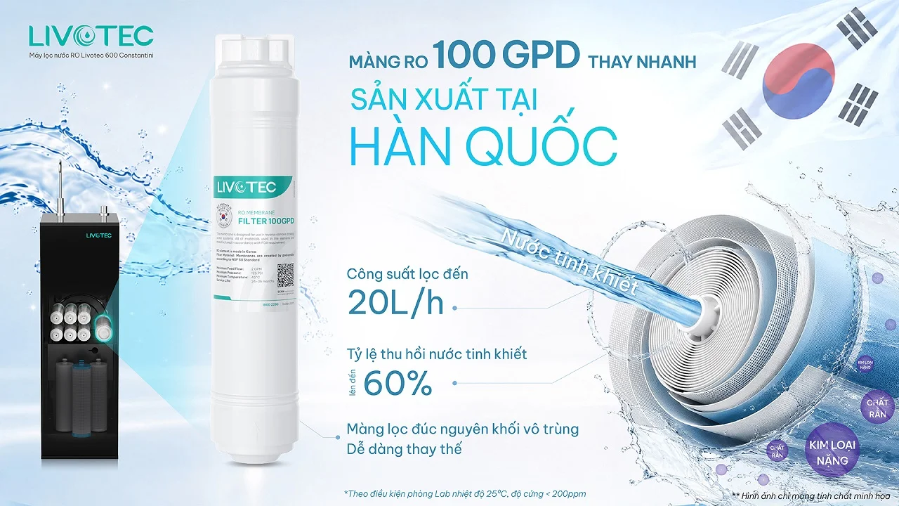 Máy lọc nước Livotec 600 Constantini màng RO 100 GPD thay nhanh