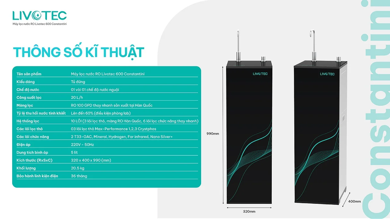 Thông số kỹ thuật máy lọc nước Livotec 600 Constantini