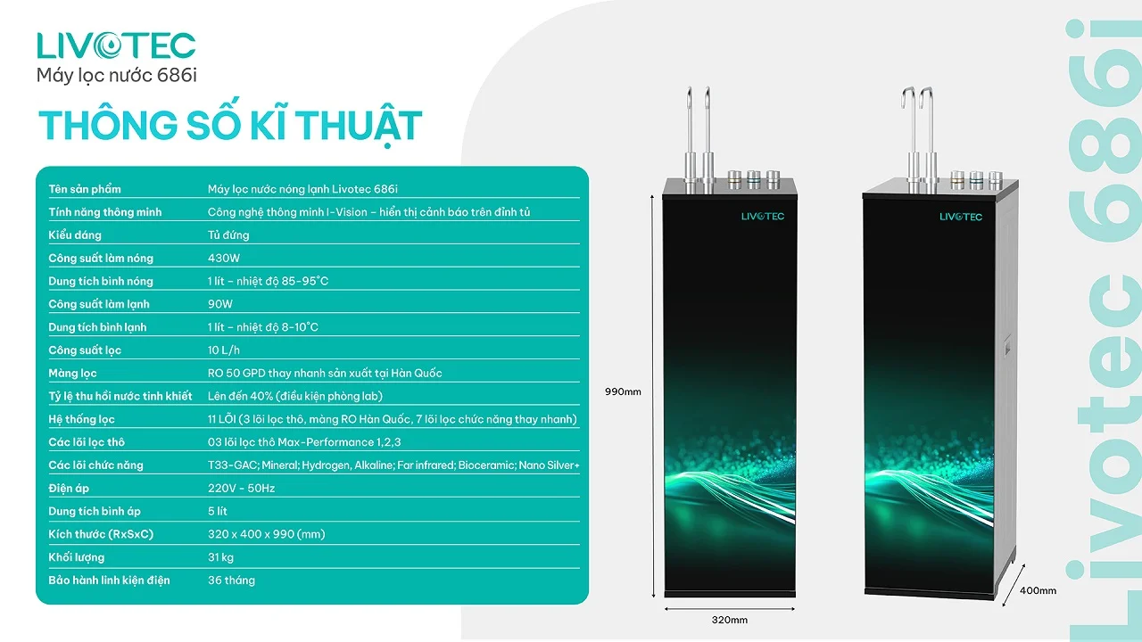 Thông số kỹ thuật máy lọc nước nóng lạnh Livotec 686i