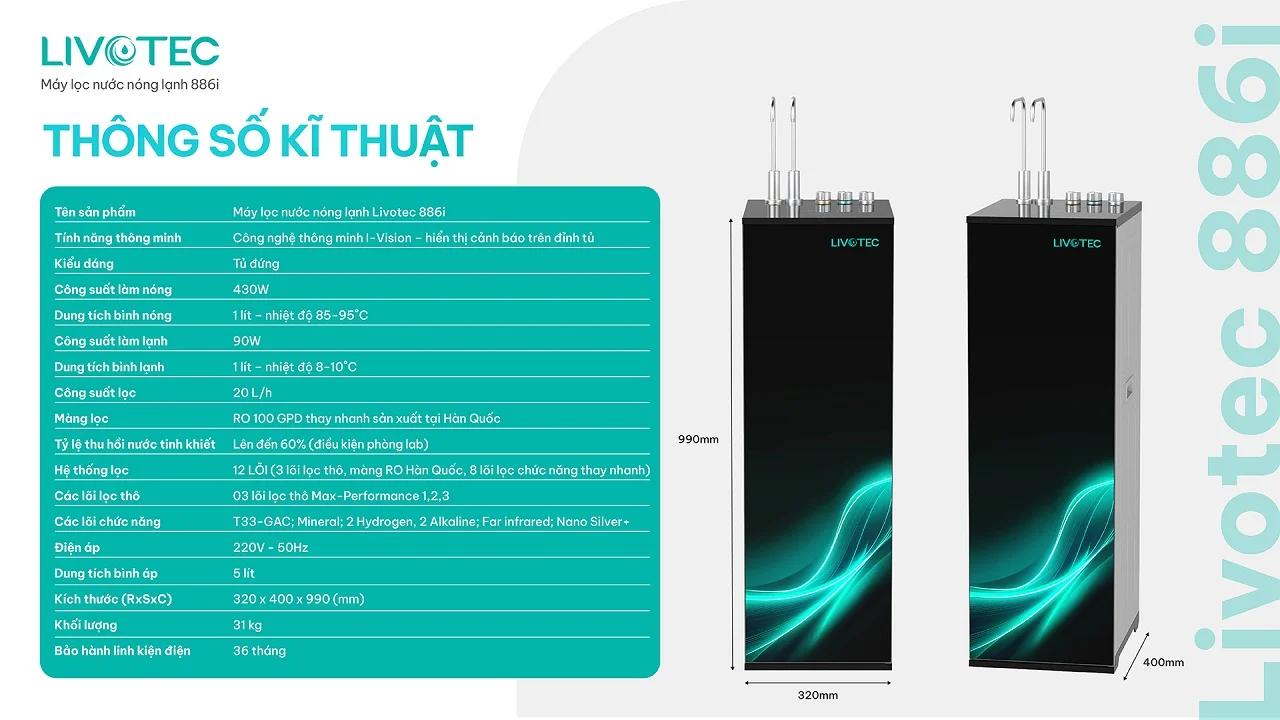 Thông số kỹ thuật máy lọc nước nóng lạnh Livotec 886i