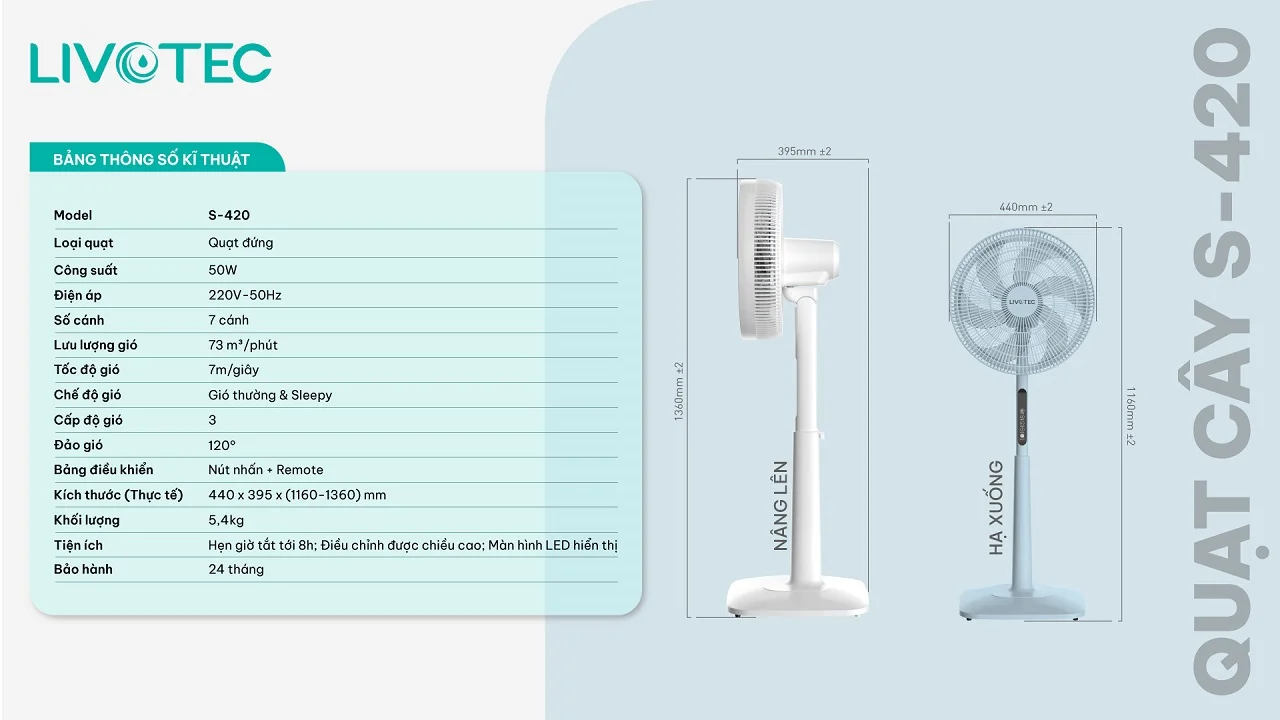 Thông số kỹ thuật quạt cây Livotec S-420