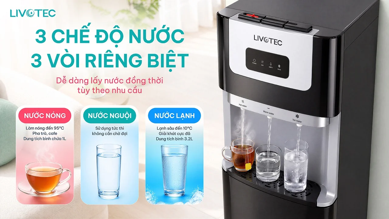 3 chế độ nước linh hoạt trên cây nước nóng lạnh Livotec LD150S