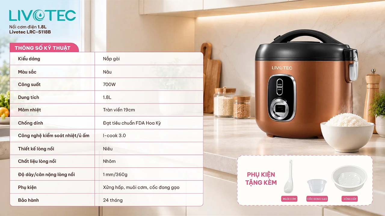 Bảng thông số kỹ thuật của nồi cơm điện Livotec LRC-5118B