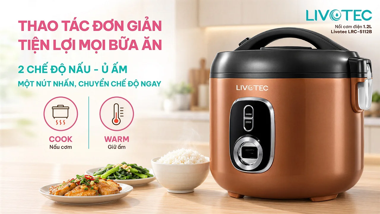 Nồi cơm điện Livotec LRC-5112B với 2 chế độ nấu và ủ ấm tiện lợi