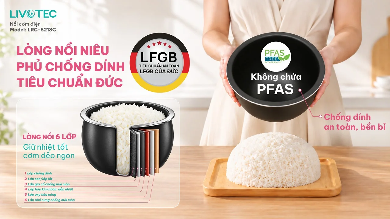 Lòng nồi niêu 6 lớp của nồi cơm điện Livotec LRC-5218C