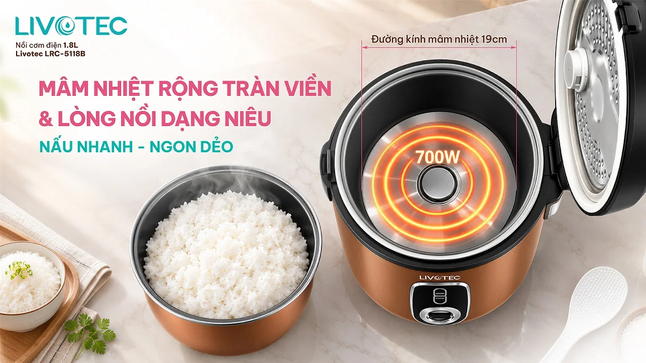 Mâm nhiệt rộng tràn viền của nồi cơm điện Livotec LRC-5118B