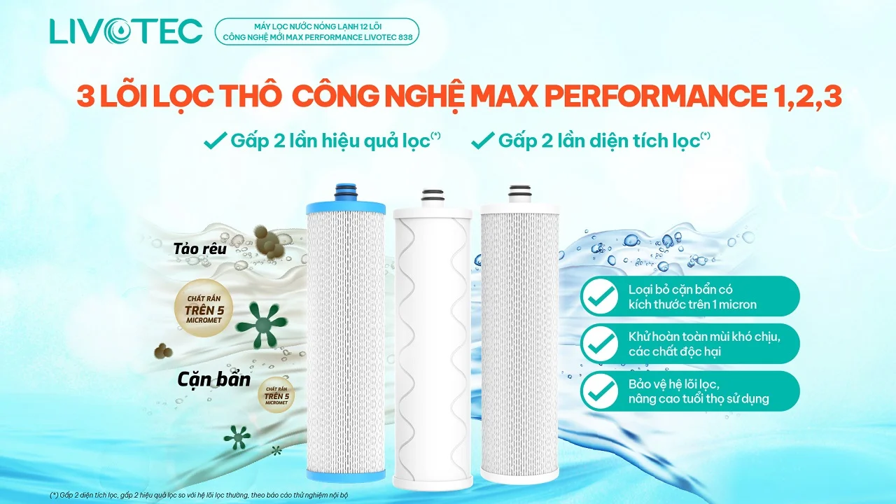 Livotec 838 với 3 lõi thô Max-Performance bảo vệ màng RO