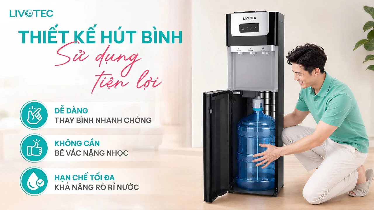 Thiết kế hút bình đặt dưới của cây nước nóng lạnh Livotec LD150S