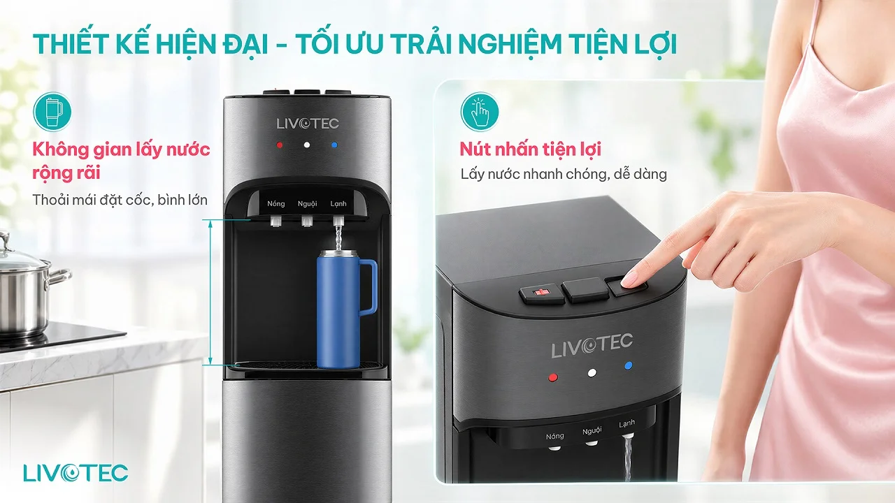 Thiết kế nút nhấn hiện đại trên cây nước Livotec LD100N