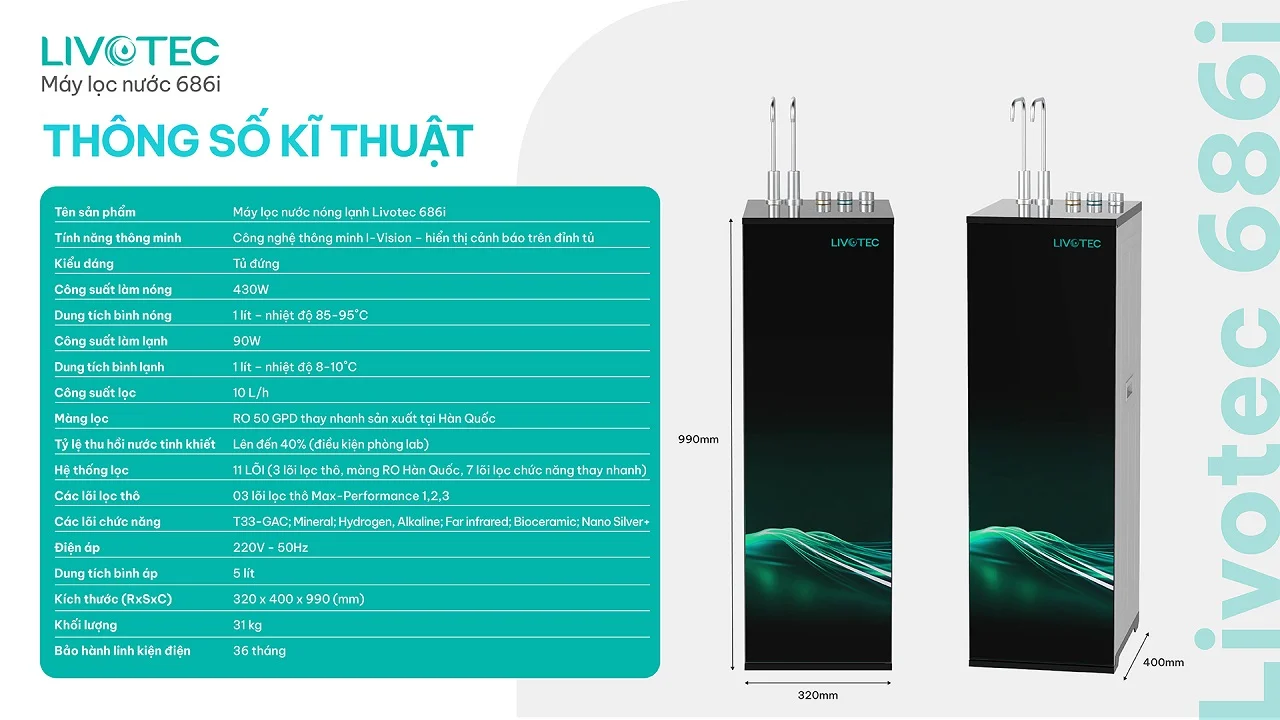 Thông số kỹ thuật máy lọc nước nóng lạnh Livotec 686i