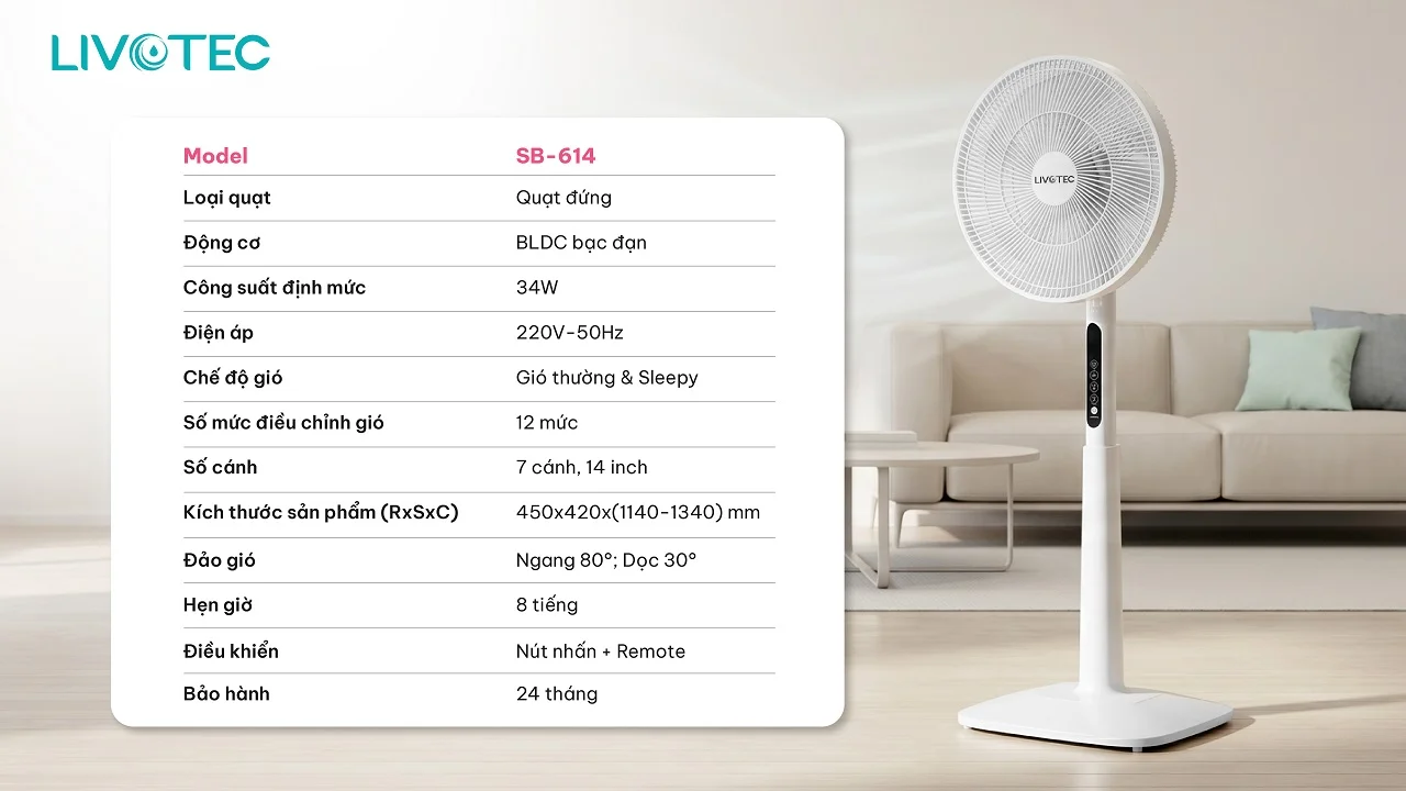 Thông số kỹ thuật quạt cây BLDC Livotec SB-614