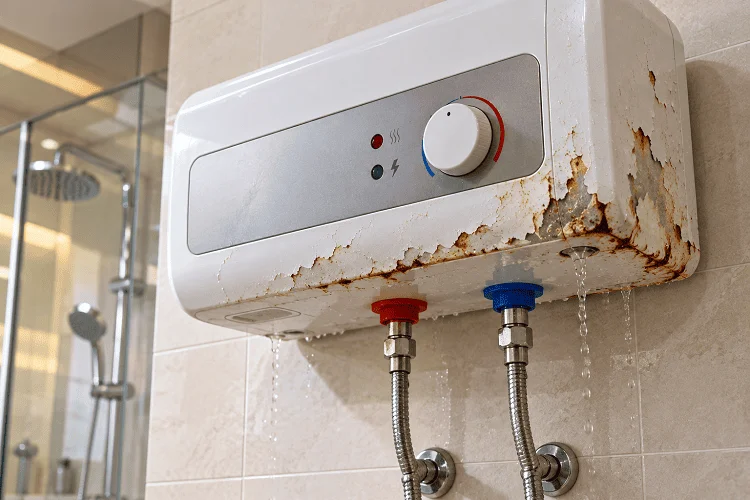 Bình nóng lạnh bong tróc lớp sơn, hoen gỉ vỏ ngoài