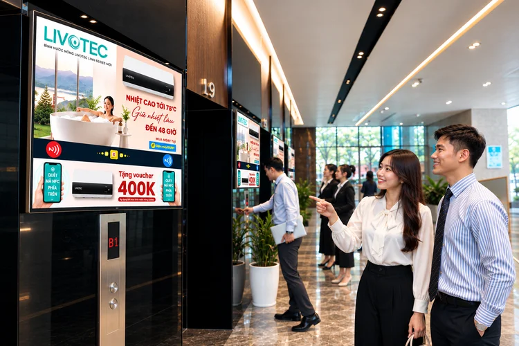 Màn hình quét NFC có ở khu vực chờ thang máy của chung cư/văn phòng