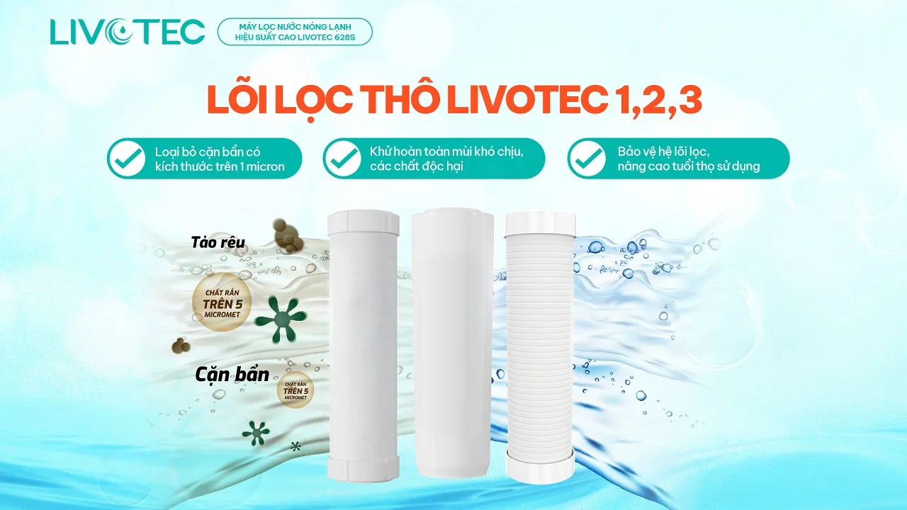 Livotec 628S trang bị lõi thô Livotec 1, 2, 3 lọc cặn, khử mùi