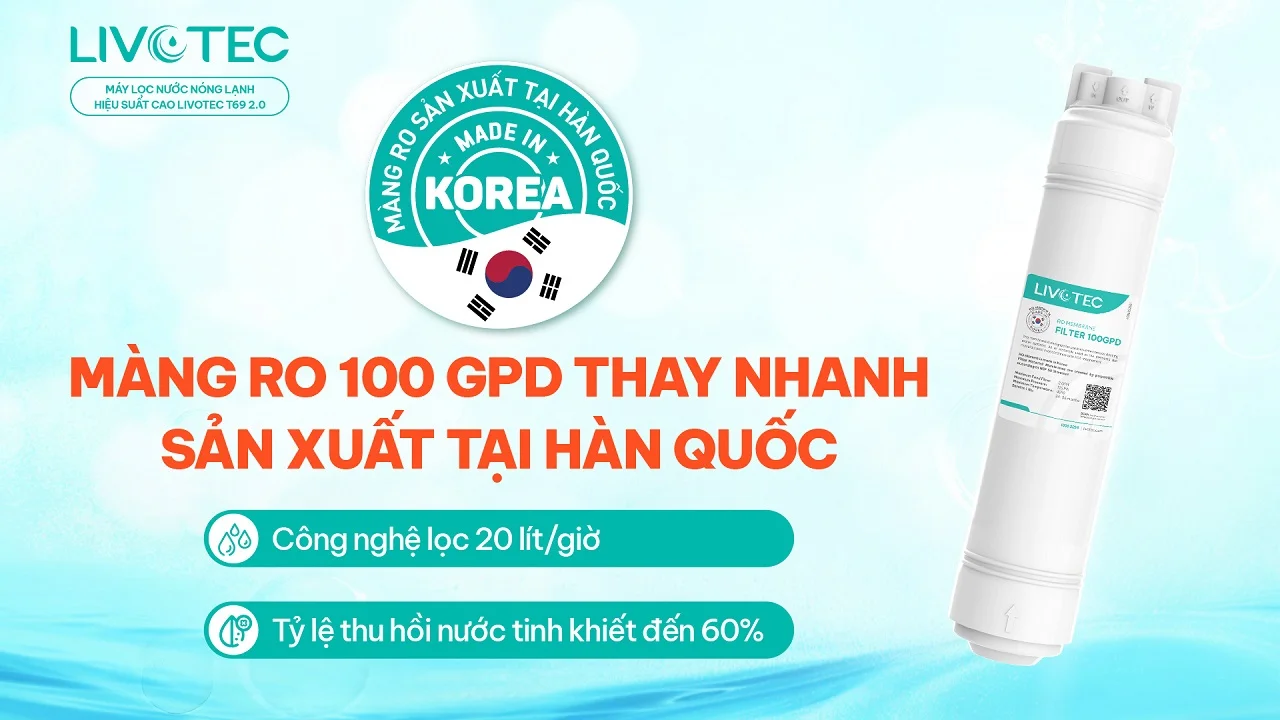 Livotec T69 2.0 trang bị màng RO 100 GPD Hàn Quốc