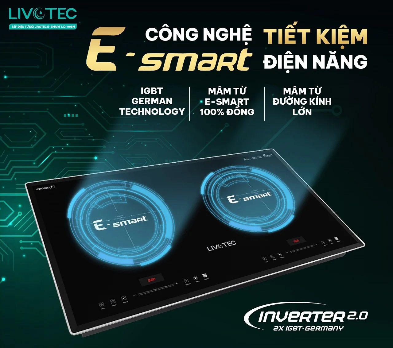 Bếp từ đôi Livotec E-Smart LID-998M nấu nhanh nhờ công nghệ E-Smart