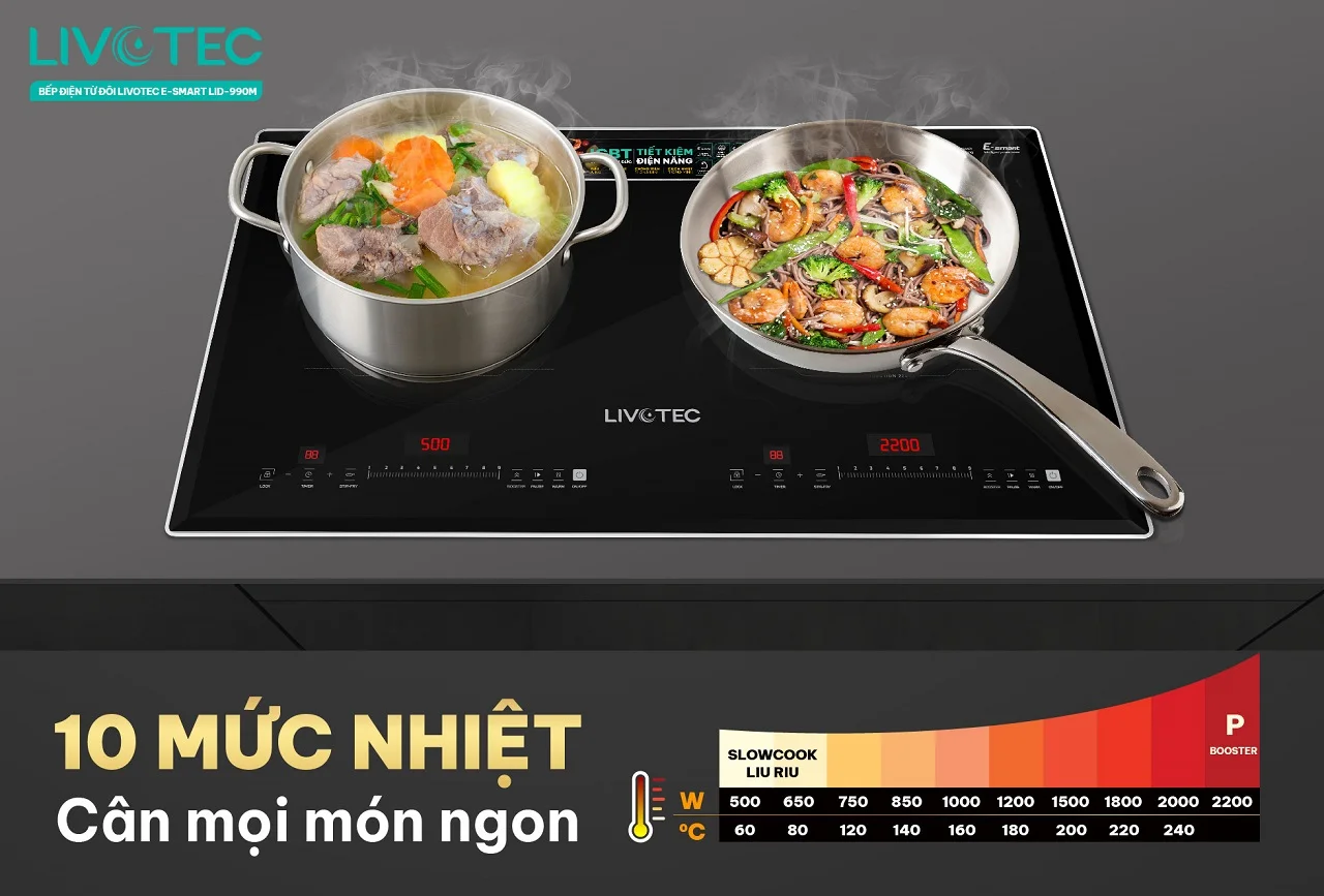 10 mức nhiệt bếp từ đôi Livotec Esmart LID-990M