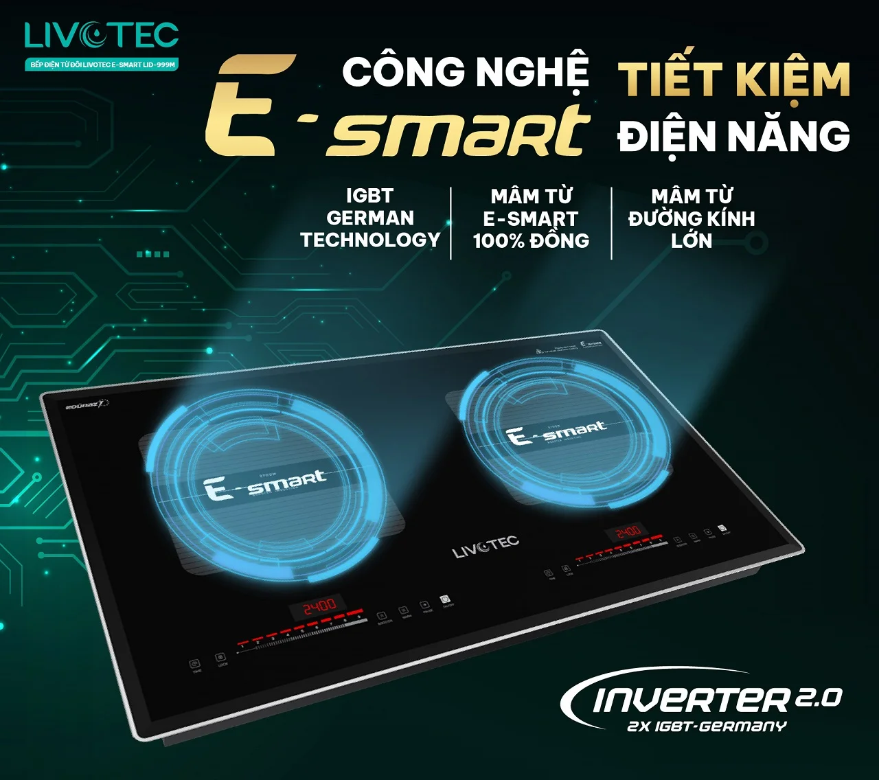 Bếp từ đôi Livotec LID-999M công nghệ E-Smart nấu nhanh tiết kiệm điện