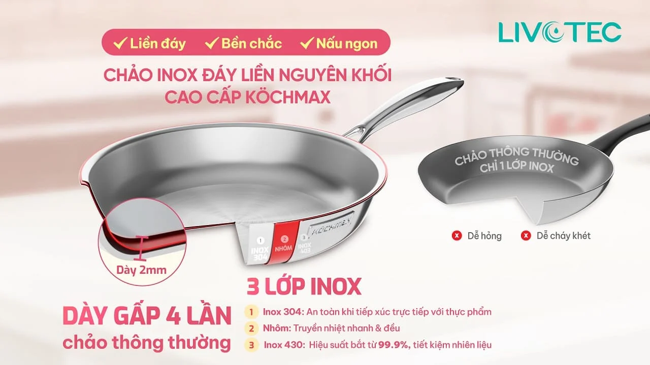 Chảo KOCHMAX KMP-28 cấu tạo 3 lớp nguyên khối bền gấp 4 lần