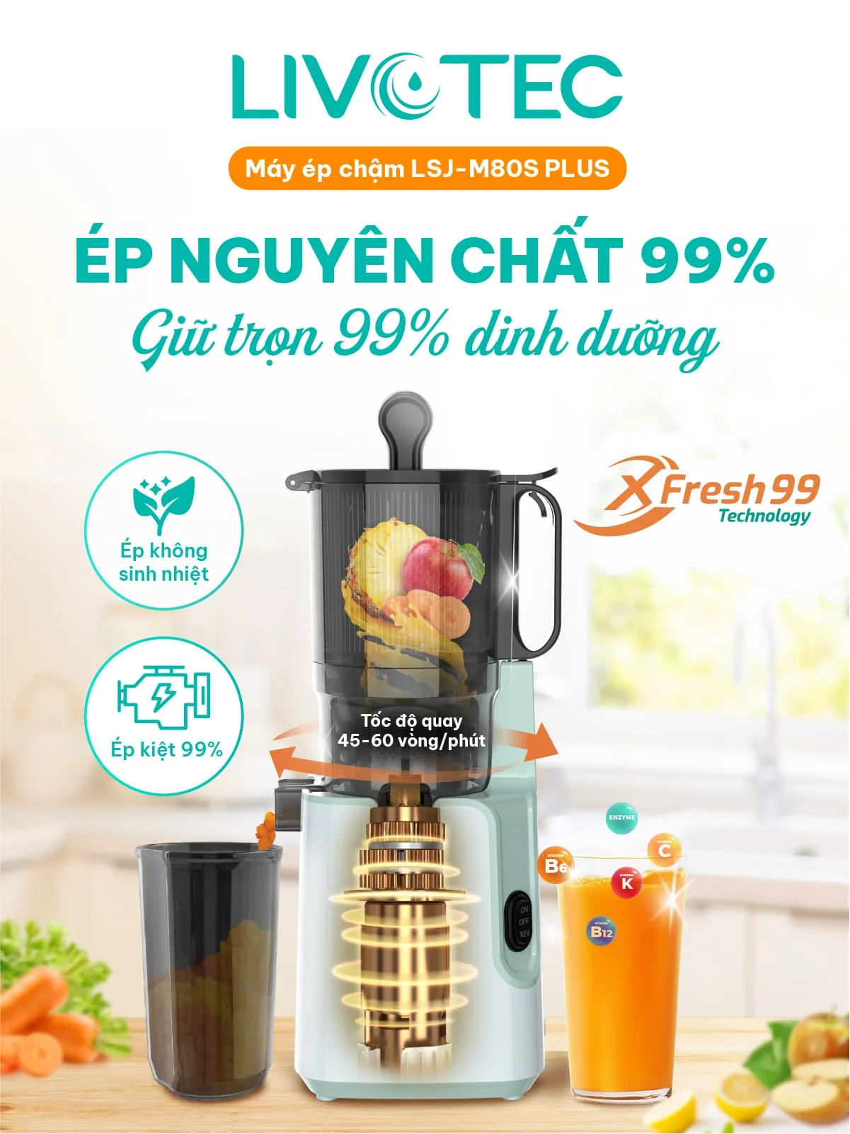 Máy ép chậm Livotec LSJ-M80S Plus công nghệ ép lạnh nguyên vị