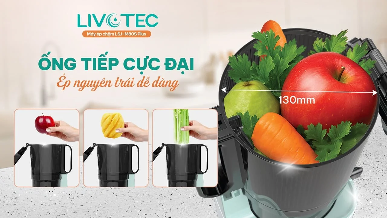 Máy ép chậm Livotec LSJ-M80S Plus có ống tiếp cực đại ép nguyên quả